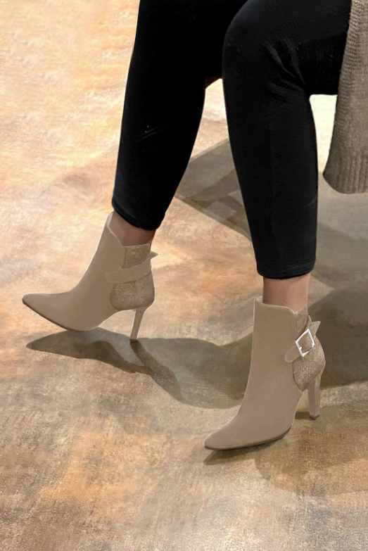 Tan beige women's ankle boots with buckles at the back. Tapered toe. Very high slim heel. Top view - Florence KOOIJMAN